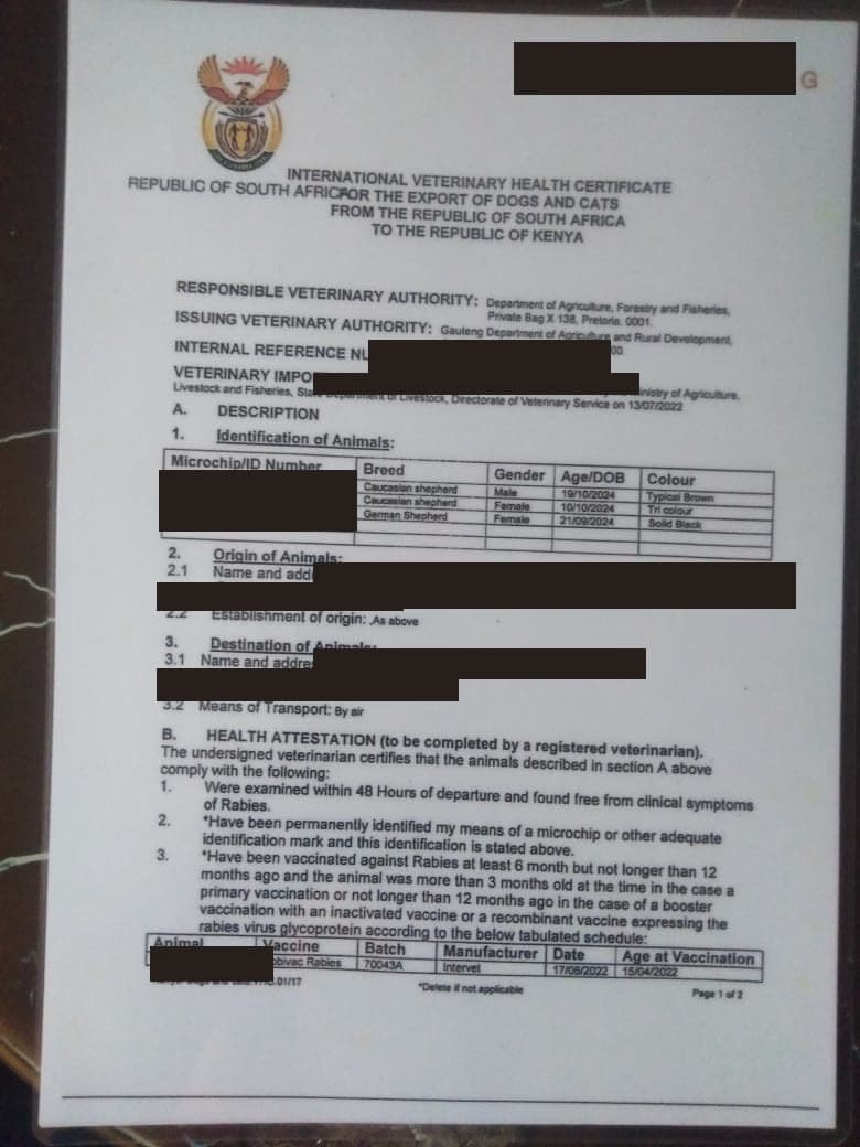 International Veterinary Health Certificate
