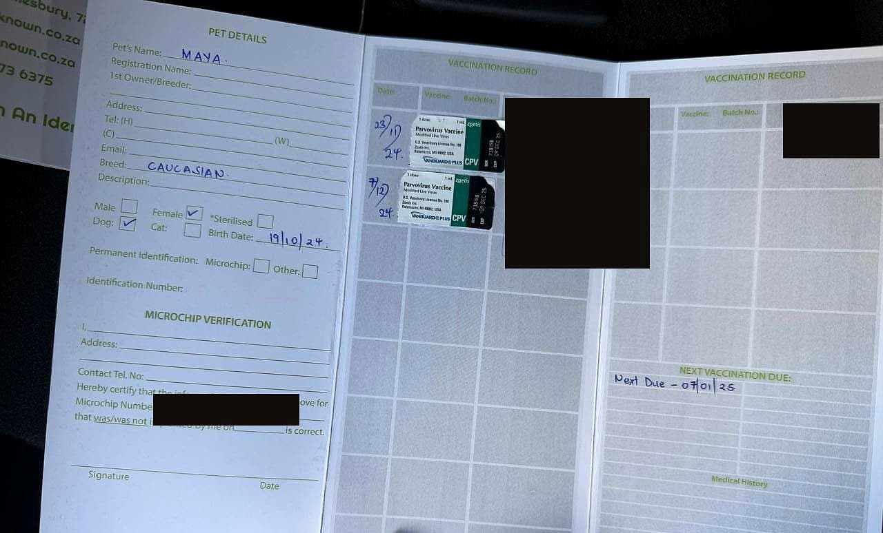 Maya — Vaccination record — batch stickers and dated entries