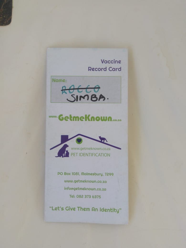 Simba — Vaccine record card — ROCCO struck through, SIMBA written in